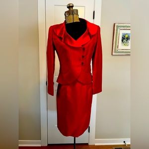 Red silk two piece suit with rhinestone buttons, Kay Unger New York, size 0